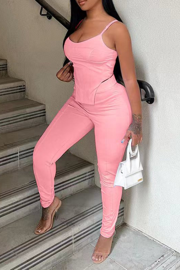 Pink Fashion Solid Patchwork Spaghetti Strap Sleeveless Two Pieces