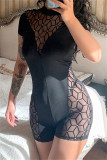 Black Fashion Sexy Patchwork See-through Half A Turtleneck Skinny Romper