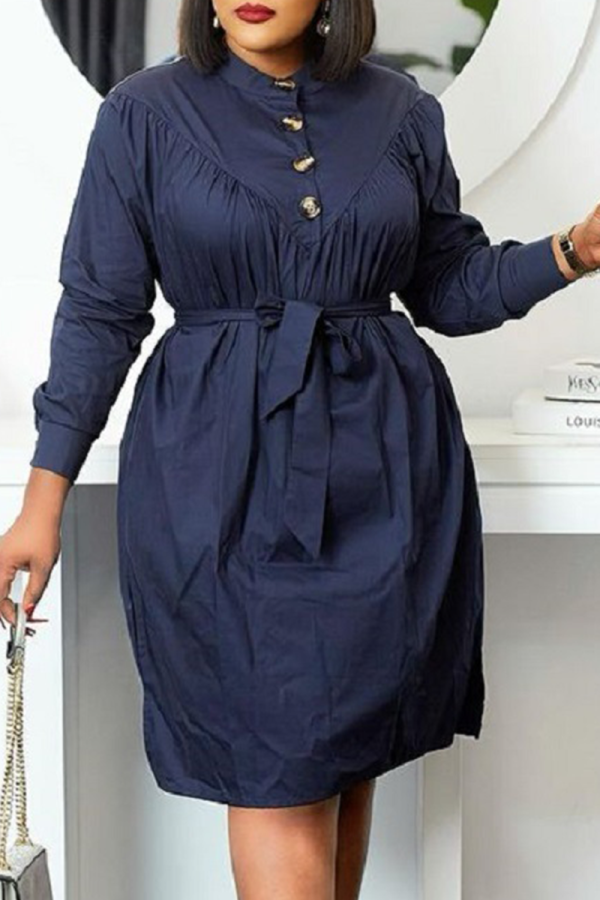 Tibetan Blue Casual Solid Patchwork Turndown Collar Shirt Dress Dresses