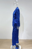 Red Fashion Casual Patchwork Sequins Turndown Collar Long Sleeve Two Pieces
