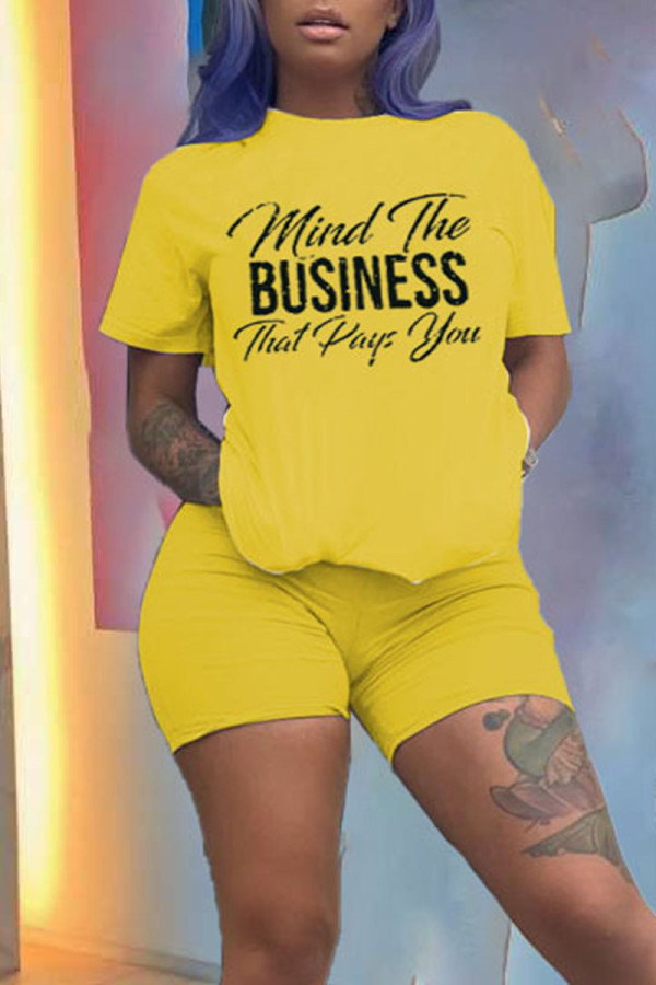Yellow Casual Print Patchwork O Neck Short Sleeve Two Pieces