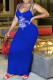 Blue Fashion Casual Print Letter Spaghetti Strap One Step Skirt Dresses