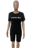 Black Fashion Casual Letter Print Patchwork O Neck Short Sleeve Two Pieces