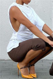 White Fashion Casual Solid Patchwork Asymmetrical O Neck T-Shirts