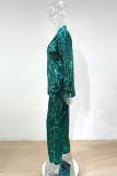 Red Fashion Casual Patchwork Sequins Turndown Collar Long Sleeve Two Pieces