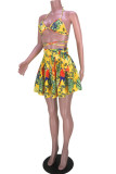 Gold Fashion Sexy Print Bandage Backless Spaghetti Strap Sleeveless Two Pieces