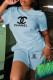Light Blue Fashion Casual Print Letter O Neck Short Sleeve Two Pieces