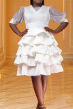 White Fashion Casual Solid Patchwork V Neck Cake Skirt Dresses