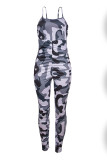 Grey Casual Print Patchwork Spaghetti Strap Skinny Jumpsuits