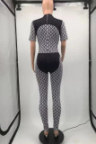 Black Fashion Casual Print Patchwork O Neck Skinny Jumpsuits