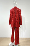 Red Fashion Casual Patchwork Sequins Turndown Collar Long Sleeve Two Pieces