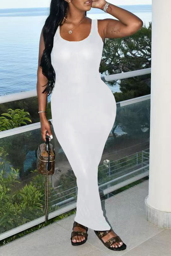 White Sexy Solid Backless Square Collar Pencil Skirt Dresses