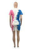 Powder Blue Fashion Casual Print Basic O Neck Short Sleeve Two Pieces