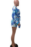 Blue Fashion Casual Print Tie Dye Bandage Turndown Collar Long Sleeve Two Pieces
