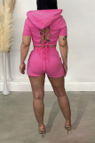 Pink Casual Print Backless Hooded Collar Short Sleeve Two Pieces