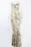 Khaki Sexy Print Patchwork Spaghetti Strap Trumpet Mermaid Dresses