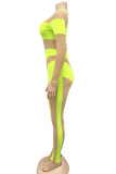 Fluorescent Green Fashion Sexy Patchwork See-through O Neck Skinny Jumpsuits