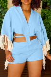 Light Blue Casual Solid Tassel V Neck Three Quarter Two Pieces