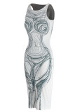 White Sexy Print Patchwork U Neck Vest Dress Dresses
