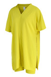 Yellow Casual Solid Split Joint V Neck Short Sleeve Two Pieces