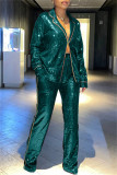 Red Fashion Casual Patchwork Sequins Turndown Collar Long Sleeve Two Pieces