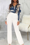 Multicolor Casual Print Patchwork Buckle Turndown Collar Tops