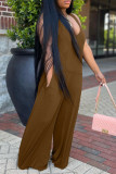 Coffee Fashion Casual Solid Basic V Neck Regular Jumpsuits