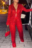 Red Fashion Casual Patchwork Sequins Turndown Collar Long Sleeve Two Pieces