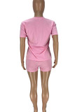 Pink Casual Print Patchwork O Neck Short Sleeve Two Pieces