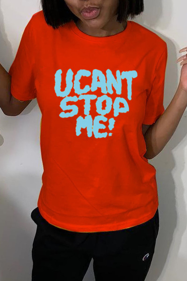 Red Fashion Casual Letter Print Basic O Neck T-Shirts
