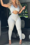 Grey Fashion Casual Solid Hollowed Out V Neck Skinny Jumpsuits