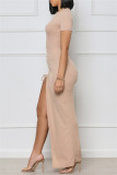 Apricot Fashion Casual Solid Draw String Frenulum Slit O Neck Short Sleeve Dress Dresses