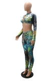 Blue Fashion Sexy Print Bandage Hollowed Out O Neck Long Sleeve Two Pieces