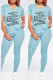 Blue Fashion Casual Print Letter O Neck Short Sleeve Two Pieces