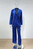 Red Fashion Casual Patchwork Sequins Turndown Collar Long Sleeve Two Pieces