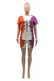 Powder Blue Fashion Casual Print Basic O Neck Short Sleeve Two Pieces