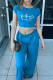 Light Blue Fashion Casual Print Basic O Neck Short Sleeve Two Pieces