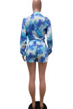 Blue Fashion Casual Print Tie Dye Bandage Turndown Collar Long Sleeve Two Pieces