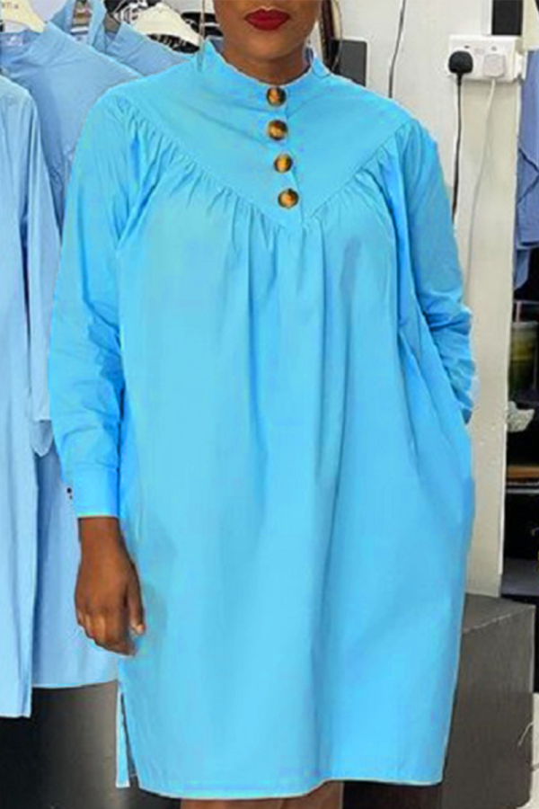 Light Blue Casual Solid Patchwork Turndown Collar Shirt Dress Dresses