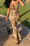 Khaki Sexy Print Patchwork Spaghetti Strap Trumpet Mermaid Dresses