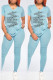 Blue Fashion Casual Print Letter O Neck Short Sleeve Two Pieces