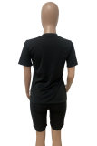 Black Fashion Casual Letter Print Patchwork O Neck Short Sleeve Two Pieces
