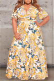 Red Yellow Fashion Casual Print Bandage V Neck Plus Size Two Pieces