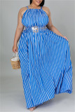 Red Fashion Casual Plus Size Striped Print Backless O Neck Sleeveless Dress