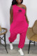 Rose Red Fashion Street Print Letter One Shoulder Jumpsuits