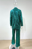 Red Fashion Casual Patchwork Sequins Turndown Collar Long Sleeve Two Pieces