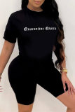 Black Fashion Casual Letter Print Patchwork O Neck Short Sleeve Two Pieces