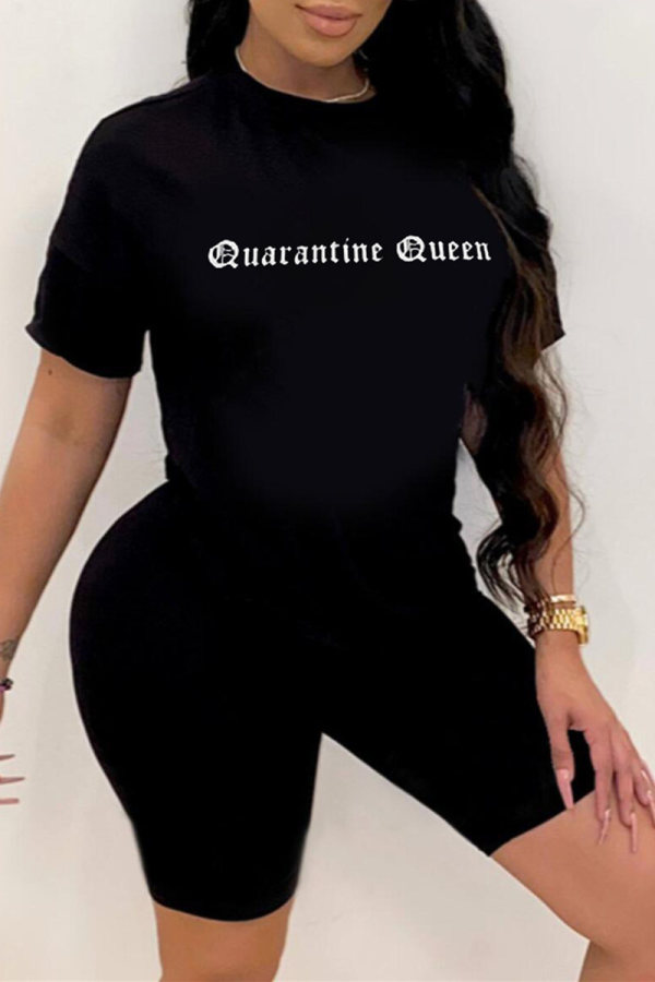 Black Fashion Casual Letter Print Patchwork O Neck Short Sleeve Two Pieces