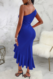 Blue Fashion Solid Flounce One Shoulder Irregular Dress Dresses