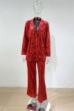 Red Fashion Casual Patchwork Sequins Turndown Collar Long Sleeve Two Pieces